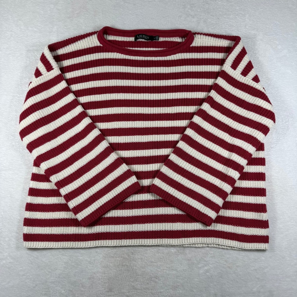 Lauren Ralph Lauren Striped Cotton Shaker Knit Sweater Red Cream L 200815982001